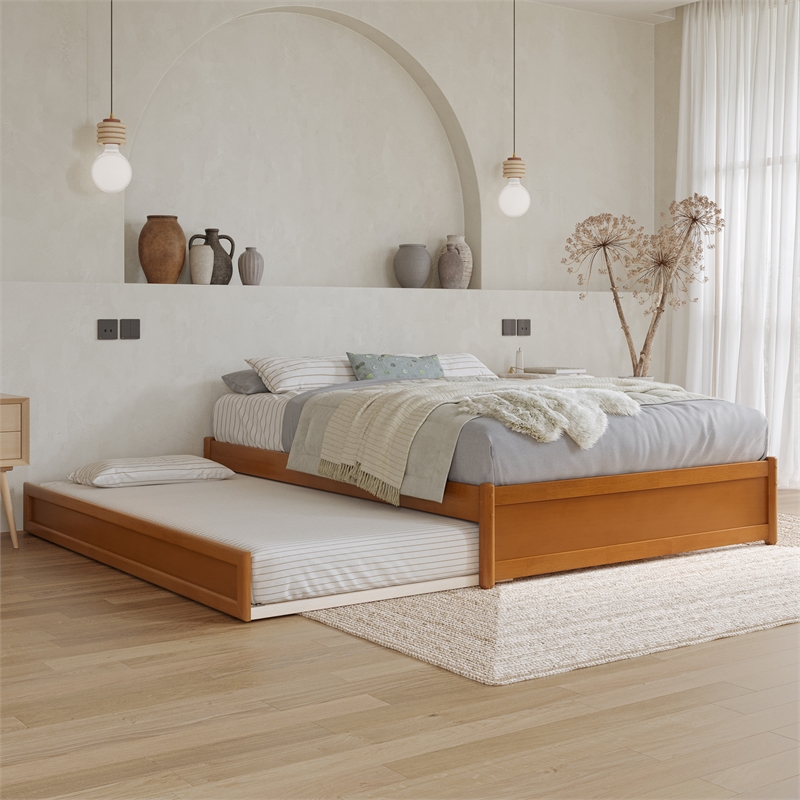 Barcelona Full Solid Wood Panel Platform Bed with Twin Trundle in Light Toffee