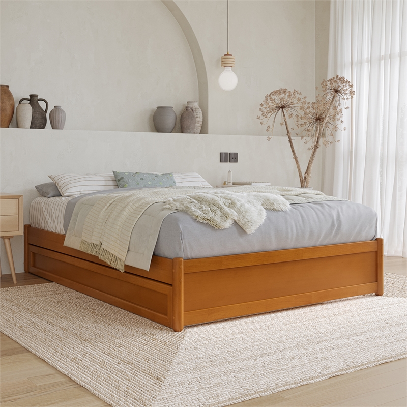 Barcelona Full Solid Wood Panel Platform Bed with Twin Trundle in Light Toffee