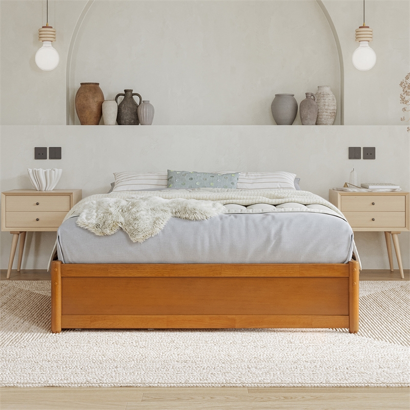 Barcelona Full Solid Wood Panel Platform Bed with Twin Trundle in Light Toffee