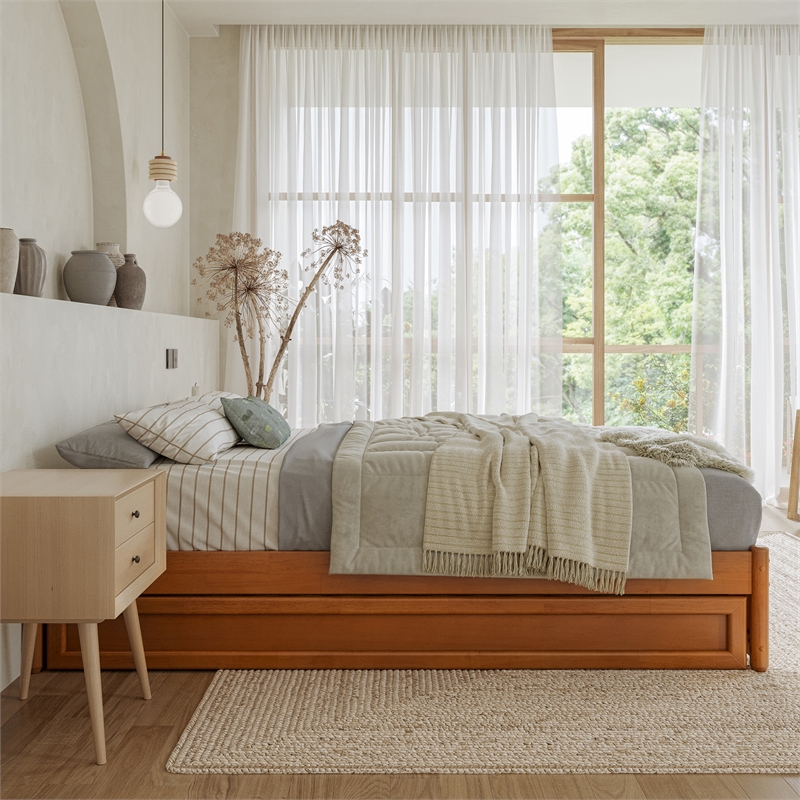 Barcelona Full Solid Wood Panel Platform Bed with Twin Trundle in Light Toffee