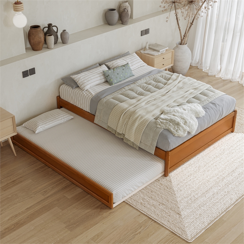 Barcelona Full Solid Wood Panel Platform Bed with Twin Trundle in Light Toffee