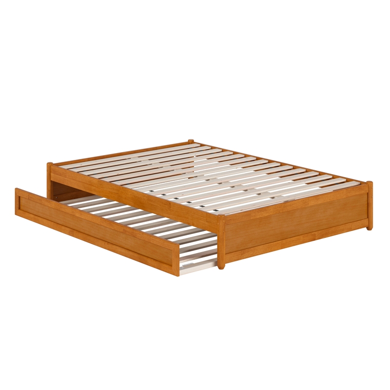 Barcelona Full Solid Wood Panel Platform Bed with Twin Trundle in Light Toffee