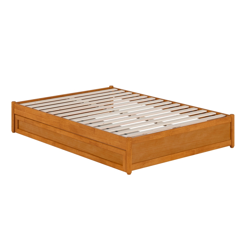Barcelona Full Solid Wood Panel Platform Bed with Twin Trundle in Light Toffee