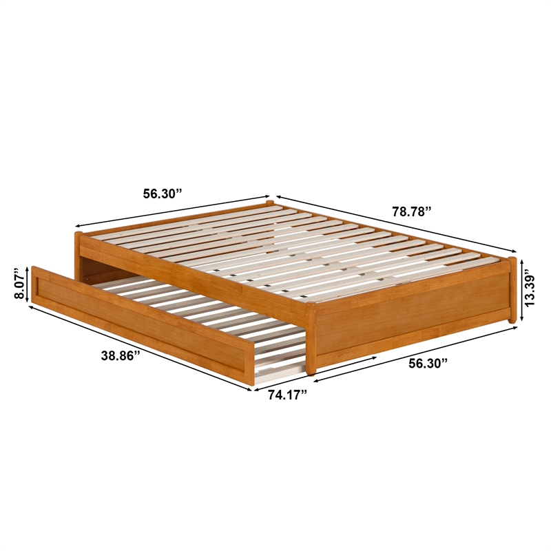 Barcelona Full Solid Wood Panel Platform Bed with Twin Trundle in Light Toffee
