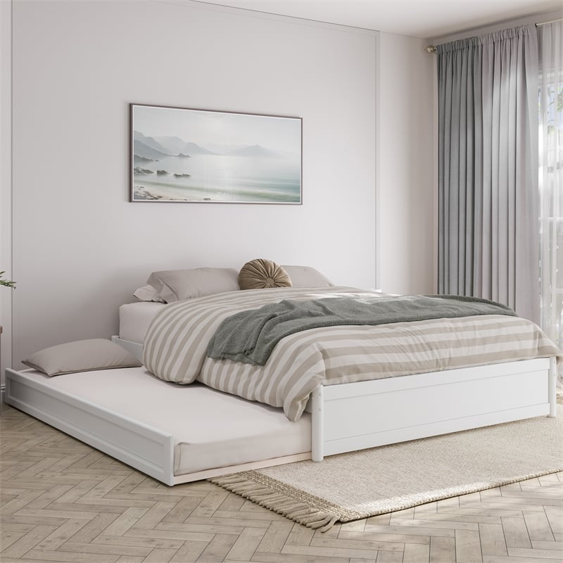 Barcelona Queen Solid Wood Panel Platform Bed with Twin XL Trundle in White