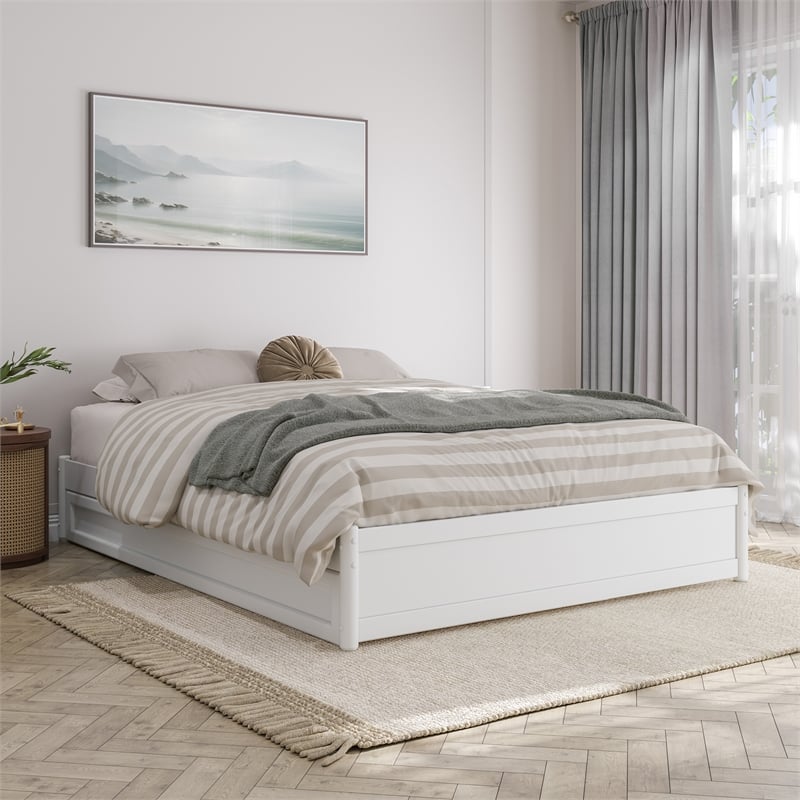 Barcelona Queen Solid Wood Panel Platform Bed with Twin XL Trundle in White