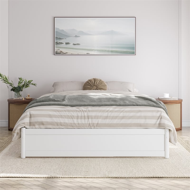 Barcelona Queen Solid Wood Panel Platform Bed with Twin XL Trundle in White