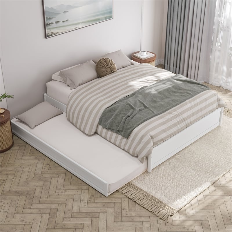 Barcelona Queen Solid Wood Panel Platform Bed with Twin XL Trundle in White