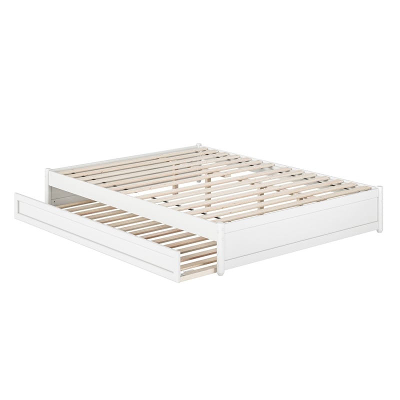 Barcelona Queen Solid Wood Panel Platform Bed with Twin XL Trundle in White