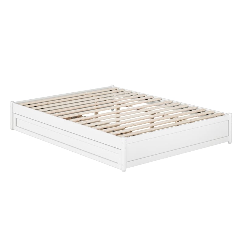 Barcelona Queen Solid Wood Panel Platform Bed with Twin XL Trundle in White