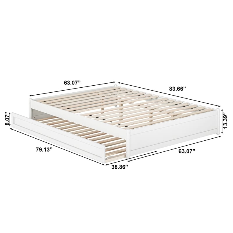 Barcelona Queen Solid Wood Panel Platform Bed with Twin XL Trundle in White