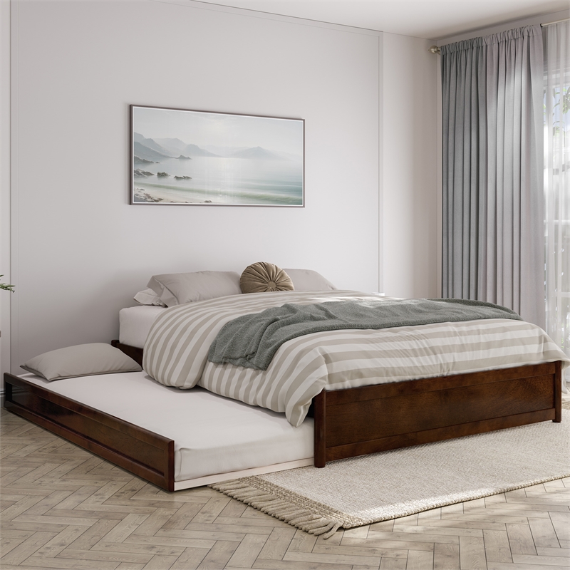 Barcelona Queen Solid Wood Panel Platform Bed with Twin XL Trundle in Walnut