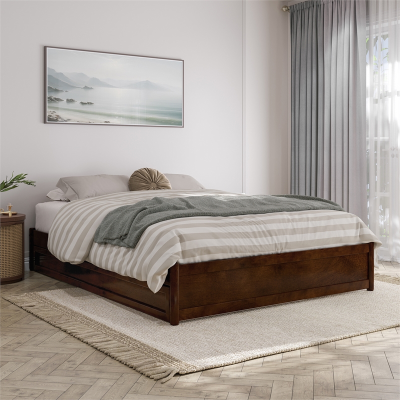 Barcelona Queen Solid Wood Panel Platform Bed with Twin XL Trundle in Walnut
