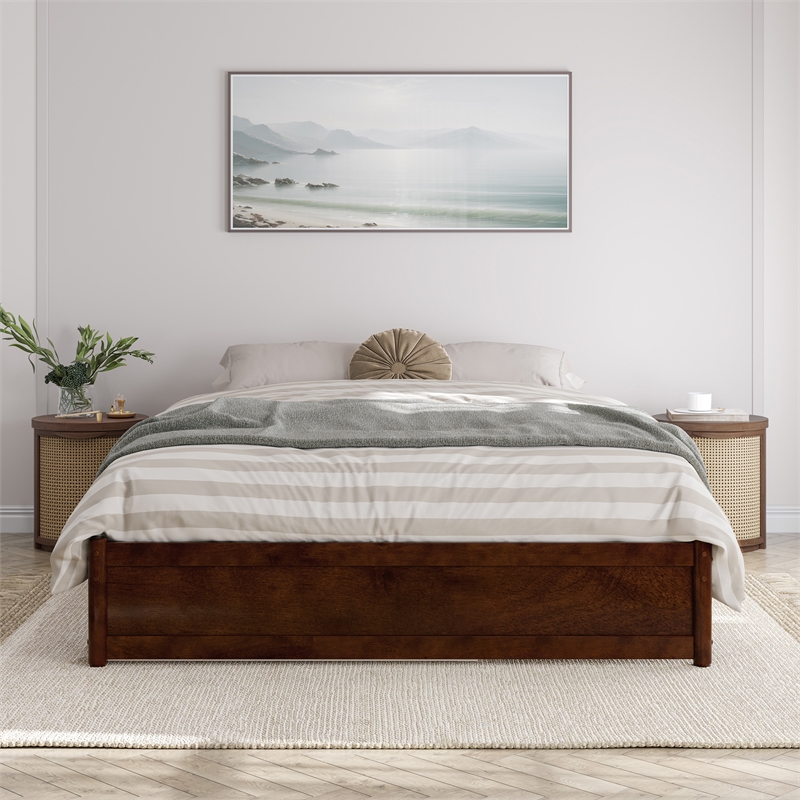 Barcelona Queen Solid Wood Panel Platform Bed with Twin XL Trundle in Walnut