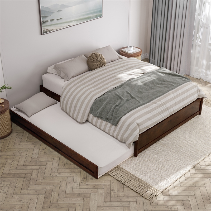 Barcelona Queen Solid Wood Panel Platform Bed with Twin XL Trundle in Walnut