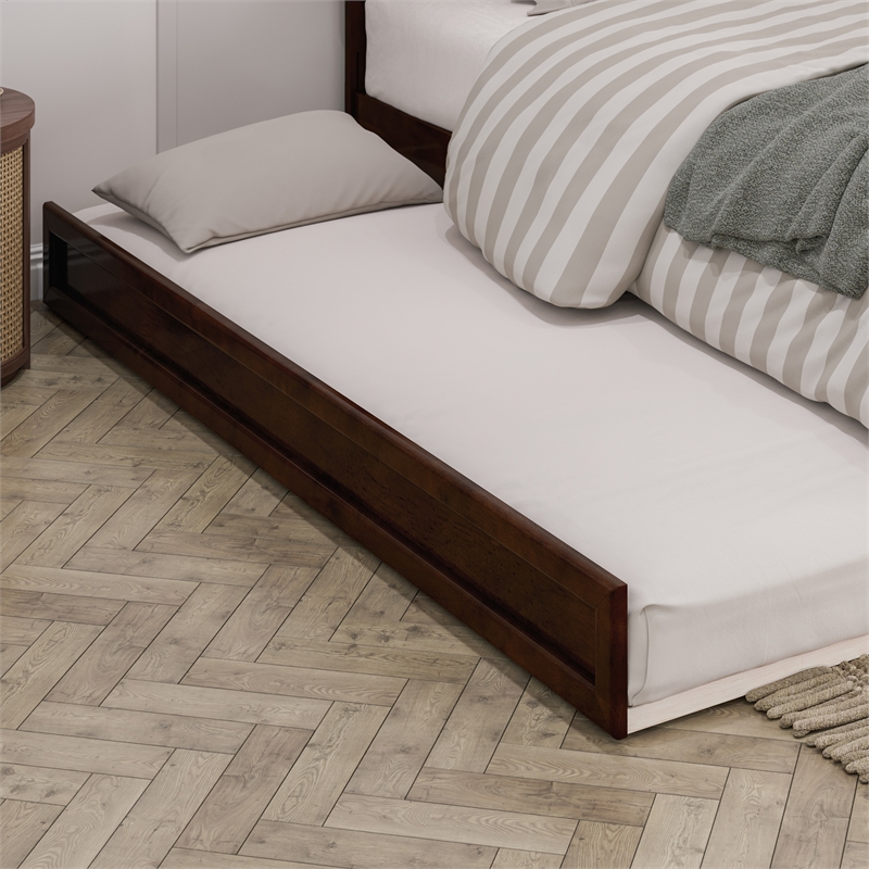 Barcelona Queen Solid Wood Panel Platform Bed with Twin XL Trundle in Walnut