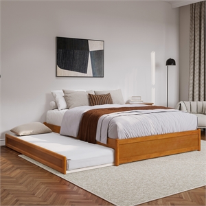 Barcelona Queen Wood Panel Platform Bed with Twin XL Trundle in Light Toffee