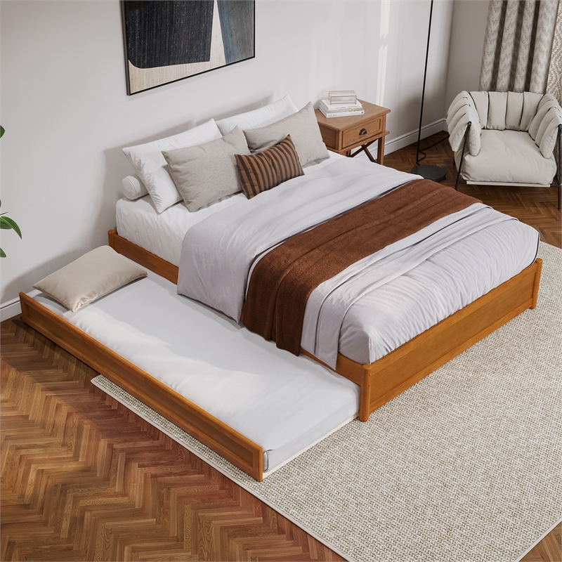 Barcelona Queen Wood Panel Platform Bed with Twin XL Trundle in Light Toffee