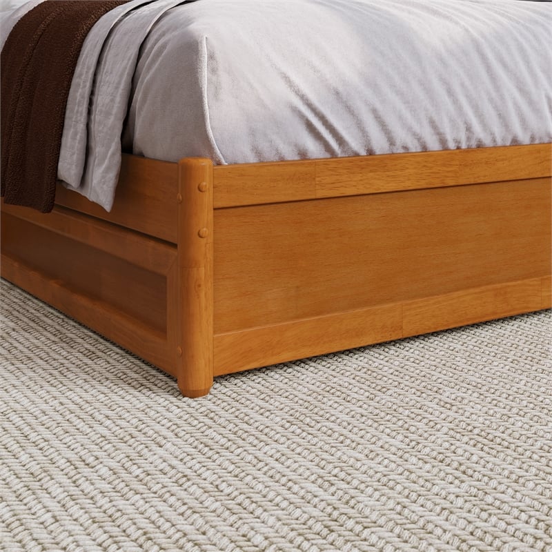 Barcelona Queen Wood Panel Platform Bed with Twin XL Trundle in Light Toffee