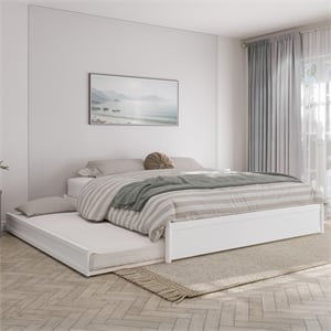 Barcelona King Solid Wood Panel Platform Bed with Twin XL Trundle in White