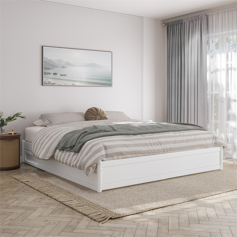 Barcelona King Solid Wood Panel Platform Bed with Twin XL Trundle in White