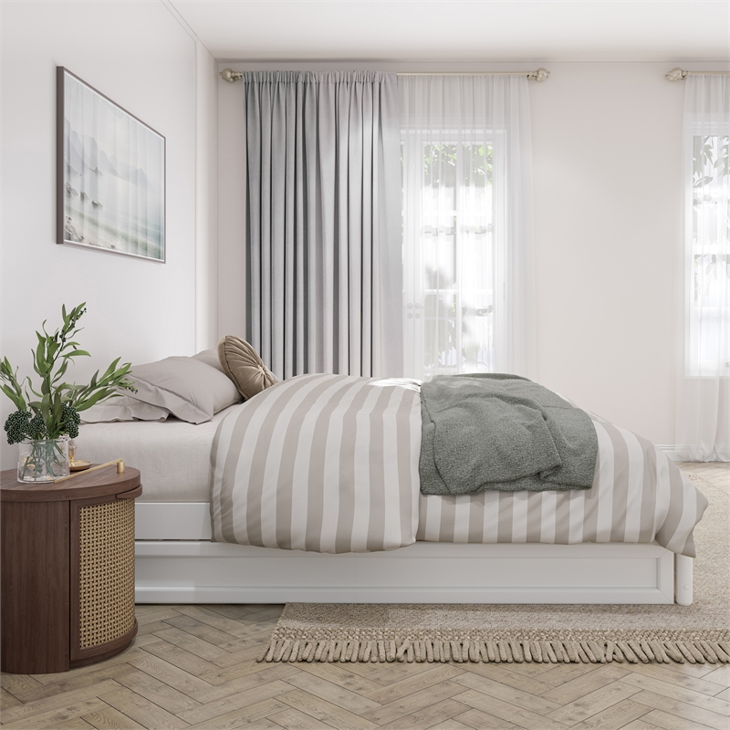 Barcelona King Solid Wood Panel Platform Bed with Twin XL Trundle in White