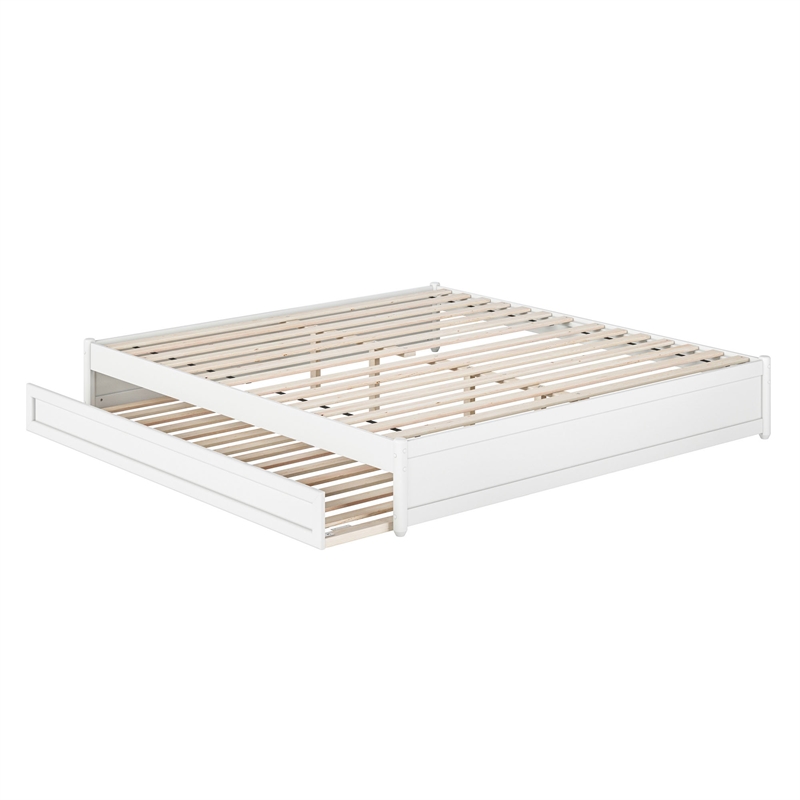 Barcelona King Solid Wood Panel Platform Bed with Twin XL Trundle in White