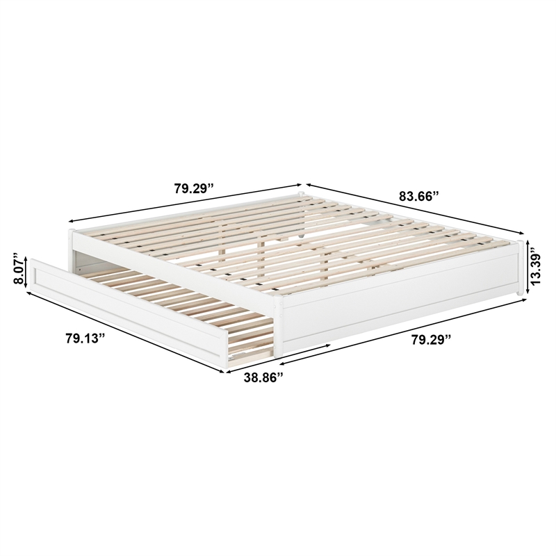 Barcelona King Solid Wood Panel Platform Bed with Twin XL Trundle in White