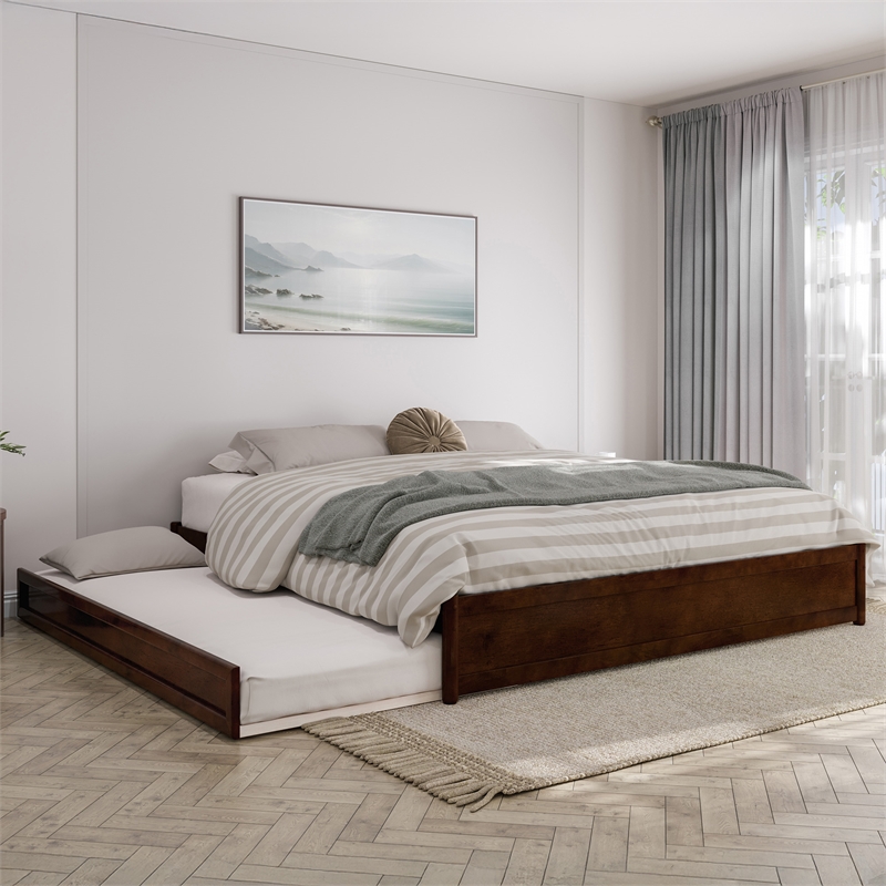 Barcelona King Solid Wood Panel Platform Bed with Twin XL Trundle in Walnut