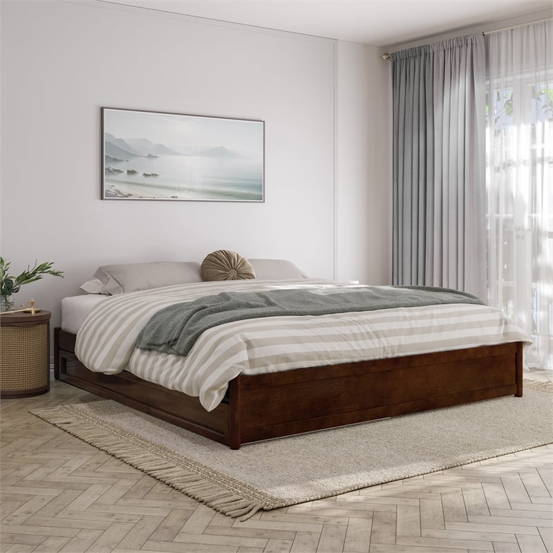 Barcelona King Solid Wood Panel Platform Bed with Twin XL Trundle in Walnut