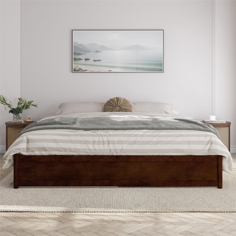Barcelona King Solid Wood Panel Platform Bed with Twin XL Trundle in Walnut