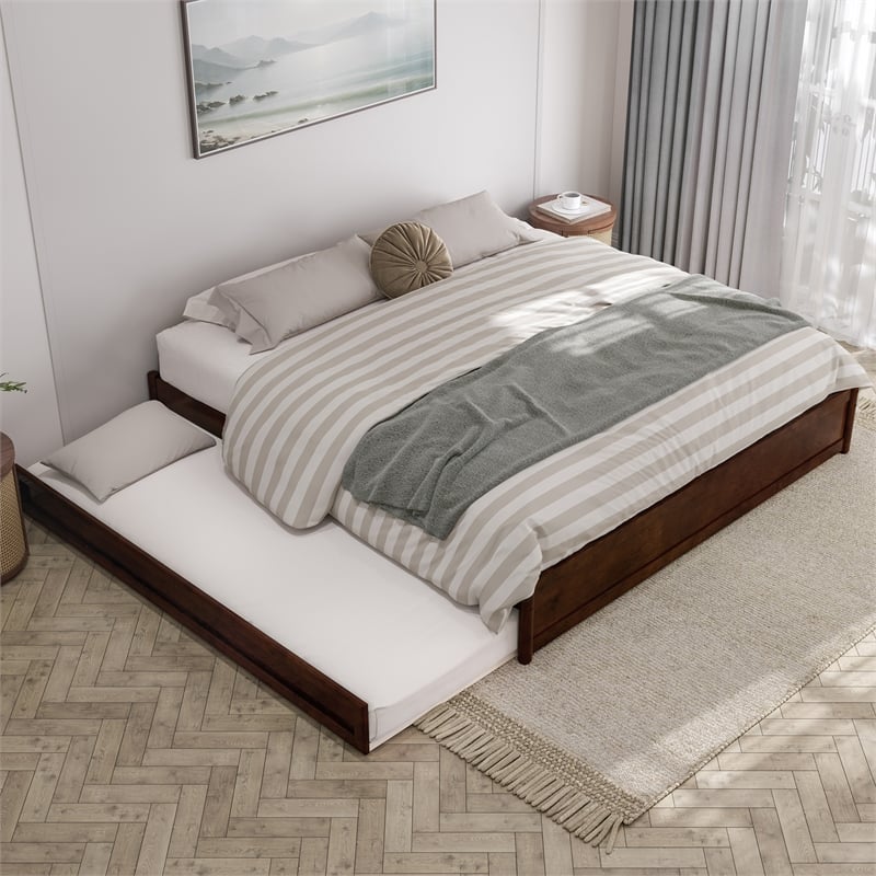 Barcelona King Solid Wood Panel Platform Bed with Twin XL Trundle in Walnut