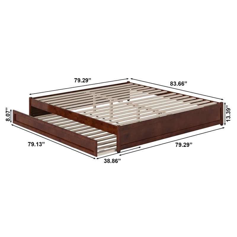 Barcelona King Solid Wood Panel Platform Bed with Twin XL Trundle in Walnut