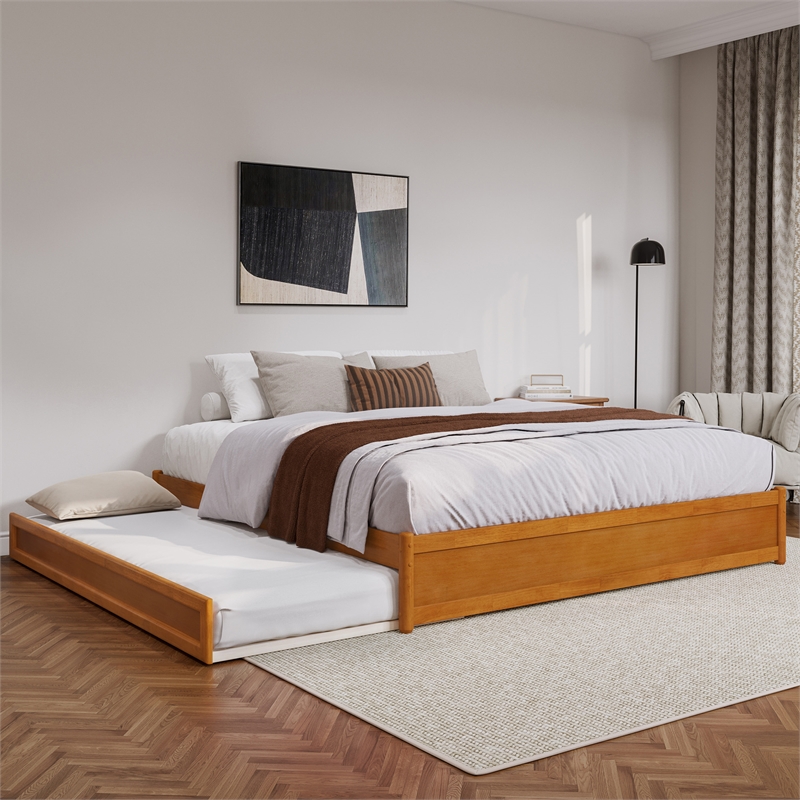 Barcelona King Wood Panel Platform Bed with Twin XL Trundle in Light Toffee