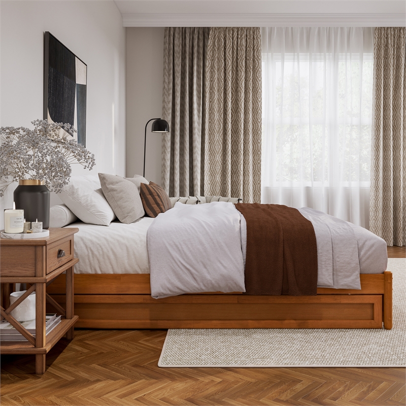 Barcelona King Wood Panel Platform Bed with Twin XL Trundle in Light Toffee