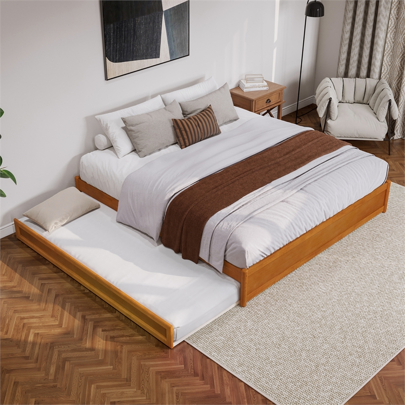 Barcelona King Wood Panel Platform Bed with Twin XL Trundle in Light Toffee