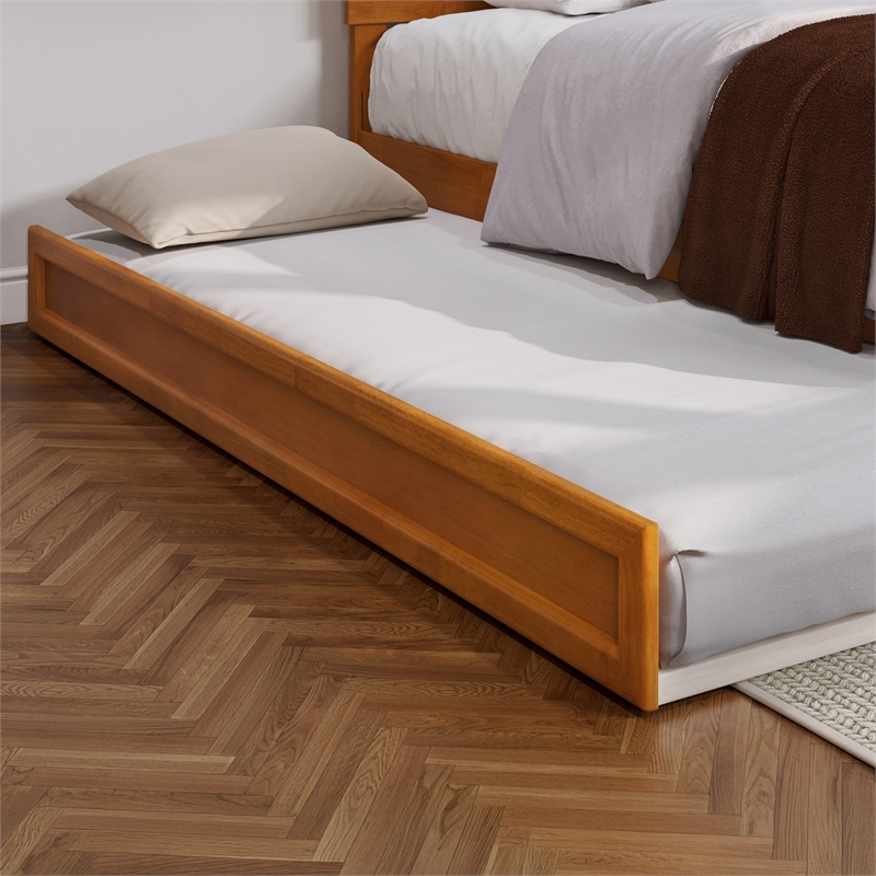 Barcelona King Wood Panel Platform Bed with Twin XL Trundle in Light Toffee