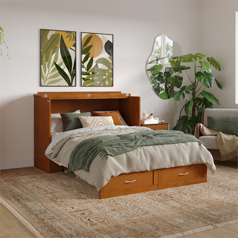 Hamilton Solid Wood Full Murphy Bed Chest w/Mattress and Storage in Light Toffee