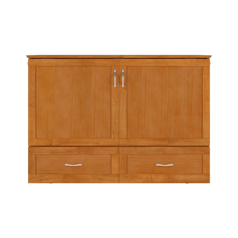 Hamilton Solid Wood Full Murphy Bed Chest w/Mattress and Storage in Light Toffee