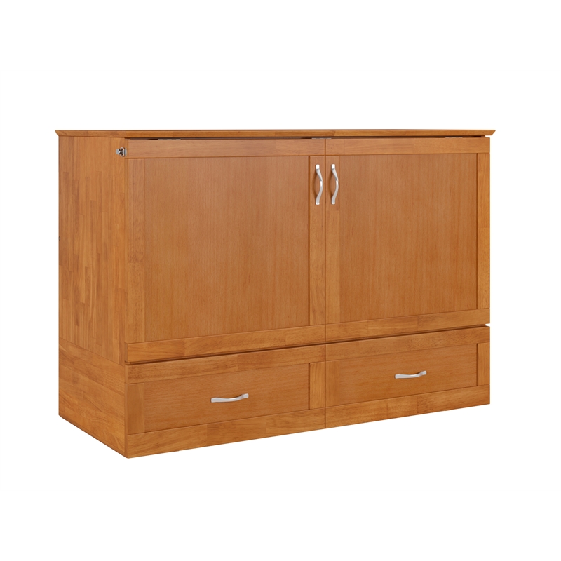 Hamilton Solid Wood Full Murphy Bed Chest w/Mattress and Storage in Light Toffee