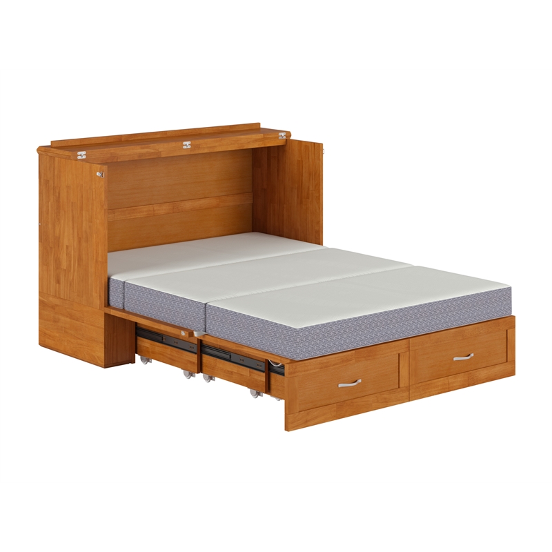 Hamilton Solid Wood Full Murphy Bed Chest w/Mattress and Storage in Light Toffee