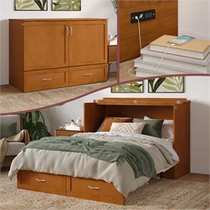 Hamilton Solid Wood Full Murphy Bed Chest w/Mattress and Storage in Light Toffee