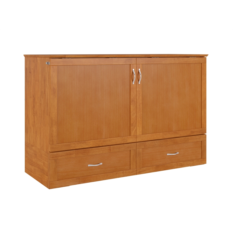 Hamilton Queen Wood Murphy Bed Chest with Mattress and Storage in Light Toffee