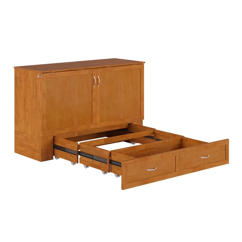 Hamilton Queen Wood Murphy Bed Chest with Mattress and Storage in Light Toffee