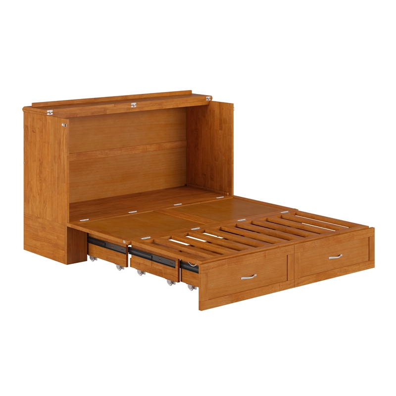 Hamilton Queen Wood Murphy Bed Chest with Mattress and Storage in Light Toffee