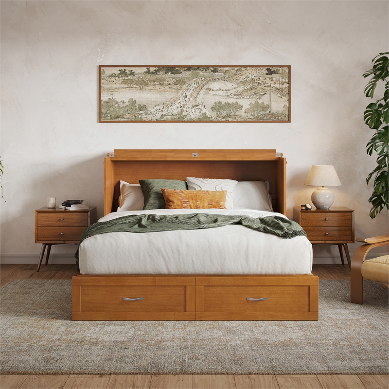 Hamilton Queen Wood Murphy Bed Chest with Mattress and Storage in Light Toffee