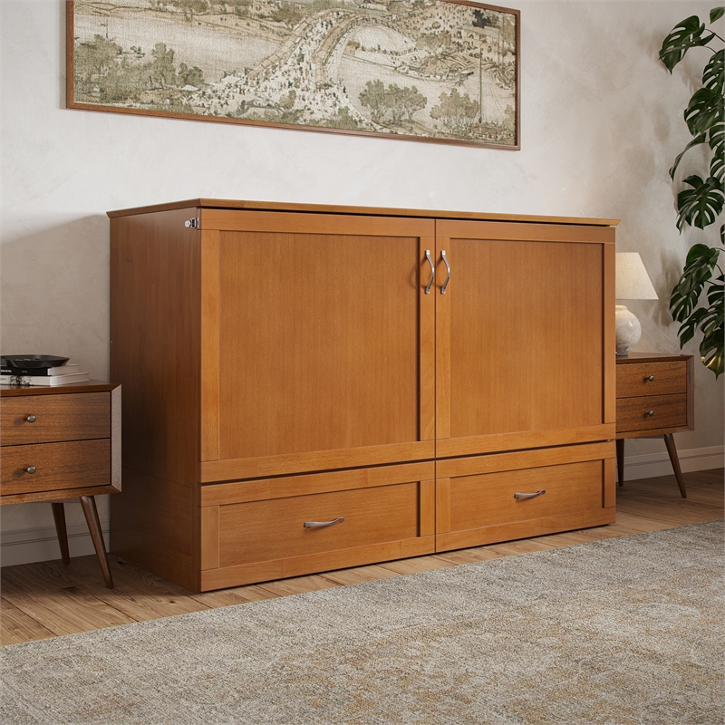 Hamilton Queen Wood Murphy Bed Chest with Mattress and Storage in Light Toffee