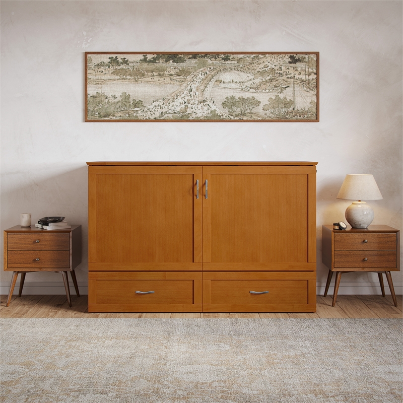 Hamilton Queen Wood Murphy Bed Chest with Mattress and Storage in Light Toffee