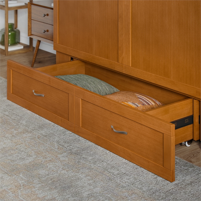 Hamilton Queen Wood Murphy Bed Chest with Mattress and Storage in Light Toffee