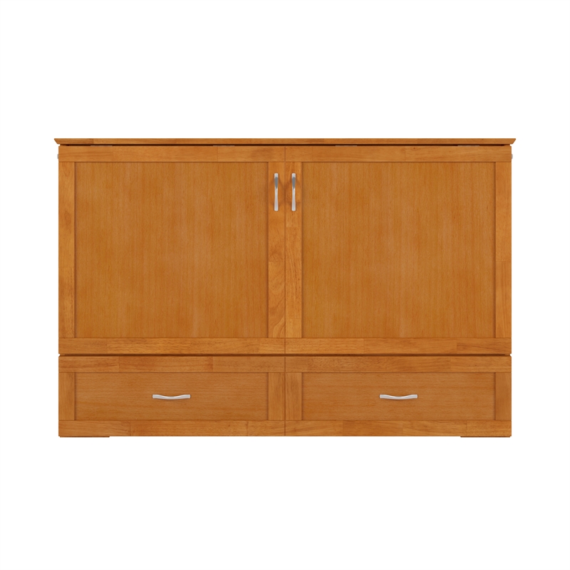Hamilton Queen Wood Murphy Bed Chest with Mattress and Storage in Light Toffee